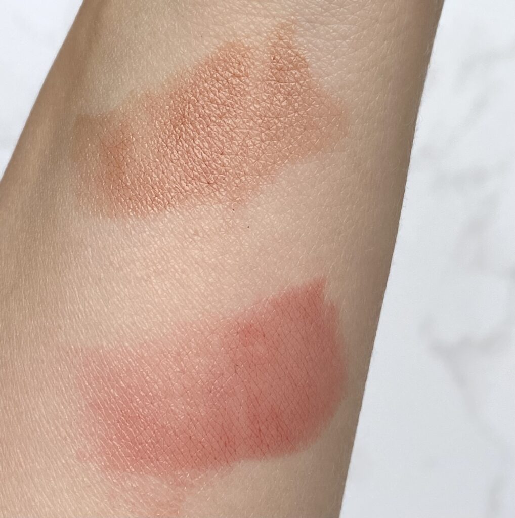 Swatches of Lisa Eldridge Baume Embrace in shades Sweet Fig and Epanoui