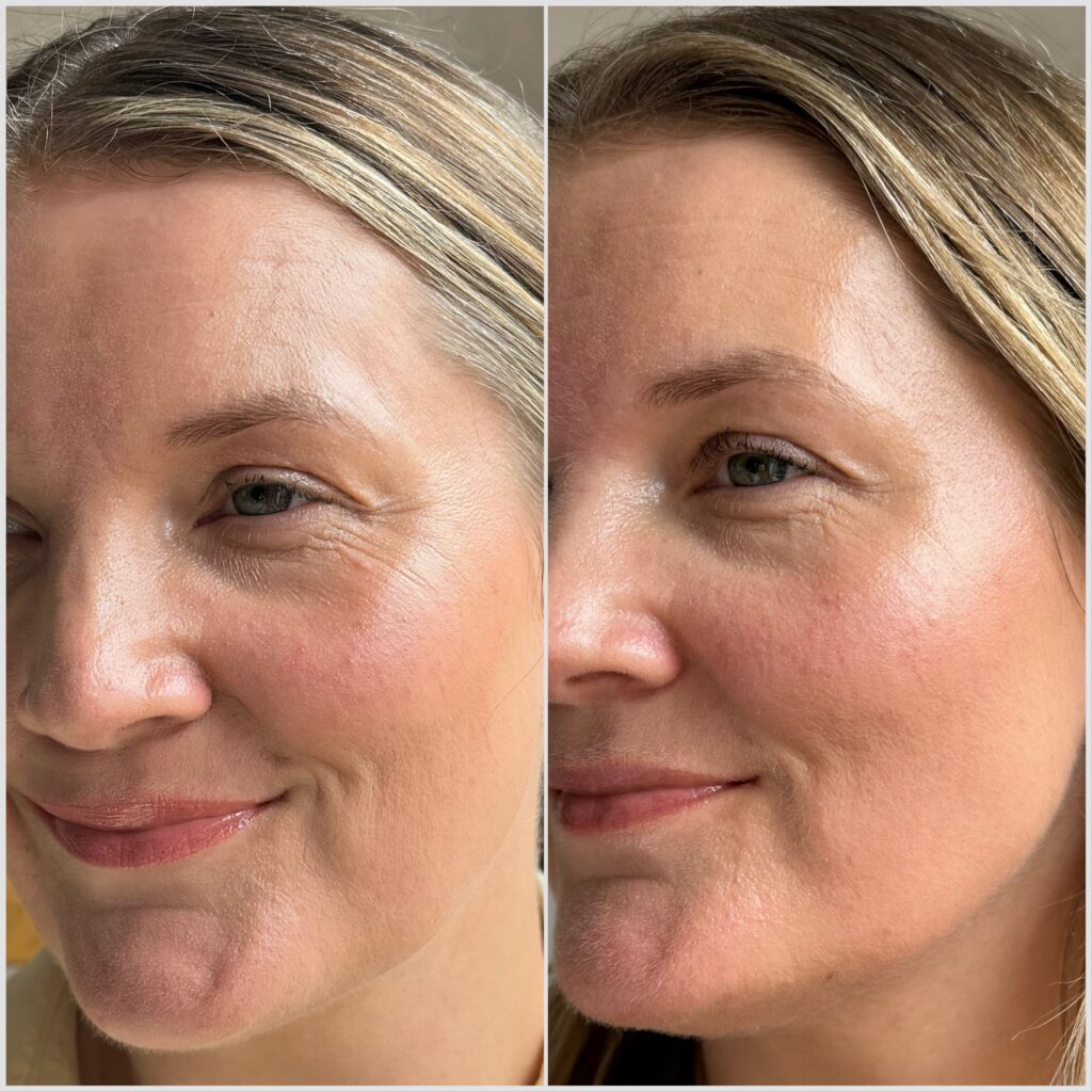 Showcasing the difference on makeup of the glow and matte setting mists