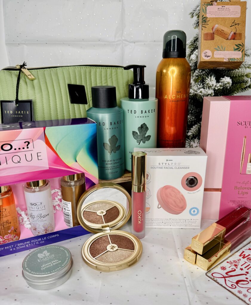 A selection of affordable beauty gifts in a flatlay