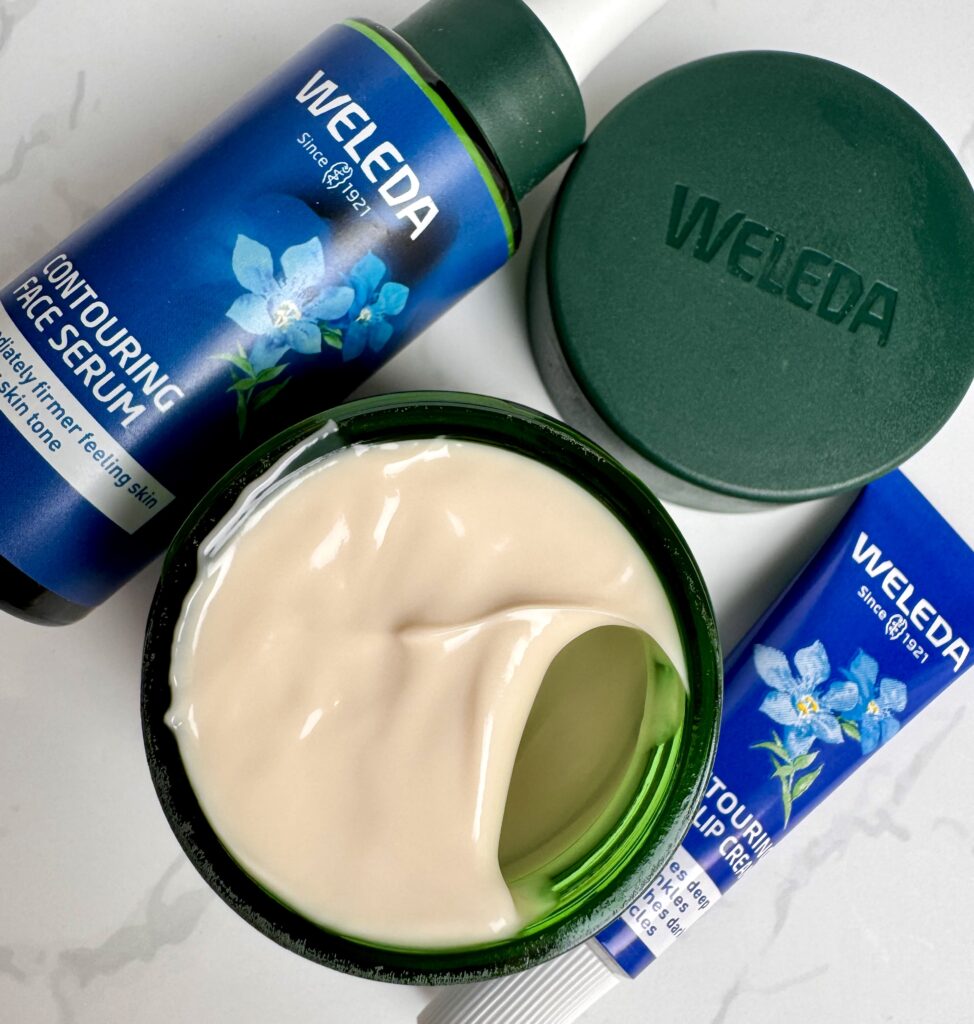 Textures and packaging of the Weleda Blue Gentian and Edelweiss skincare collection