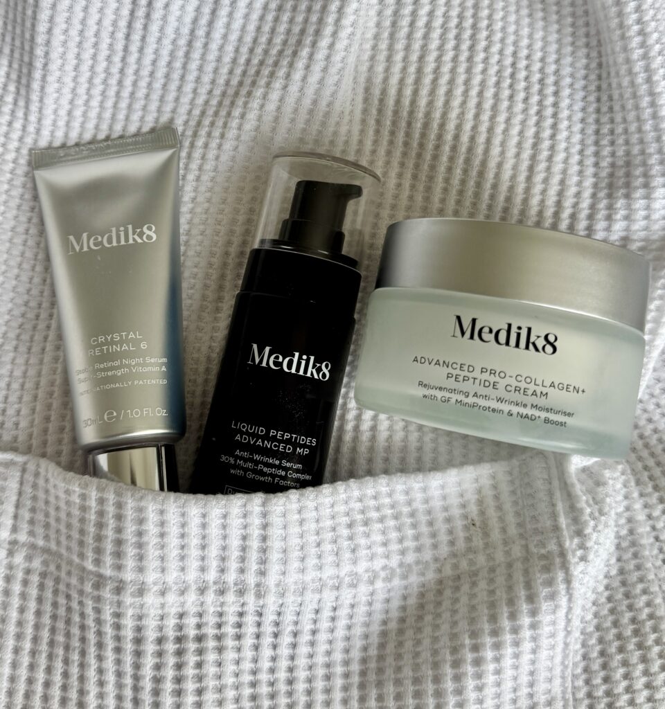 Medik8 products in dressing gown pocket flatlay
