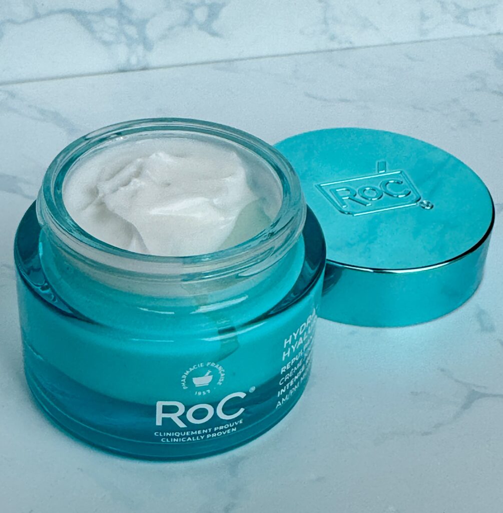 Open jar revealing the texture of the RoC Skincare Hydra+ Intense Plumping Moisturiser